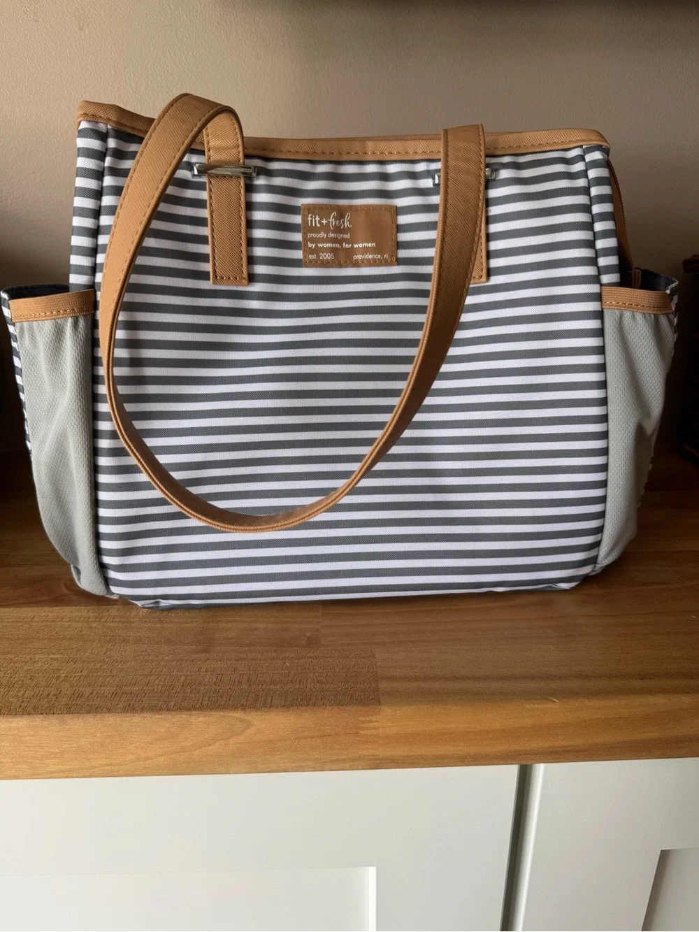 Gray Stripe Tote with Tan Trim